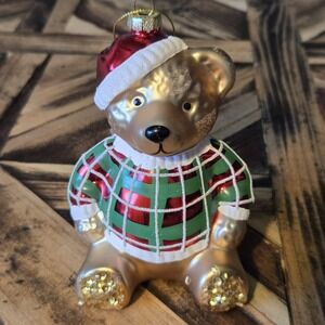 North Pole Trading Co Glass Teddy Bear Christmas Ornament Plaid Sweater w/ Tag